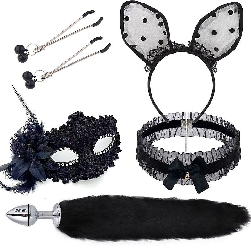 Kit – Rabo de Raposa com Tiara de Orelhas – Preto