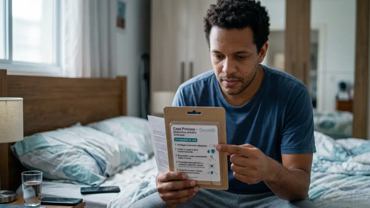 homem sentando na cama lendo instruções de usa de capa peniana