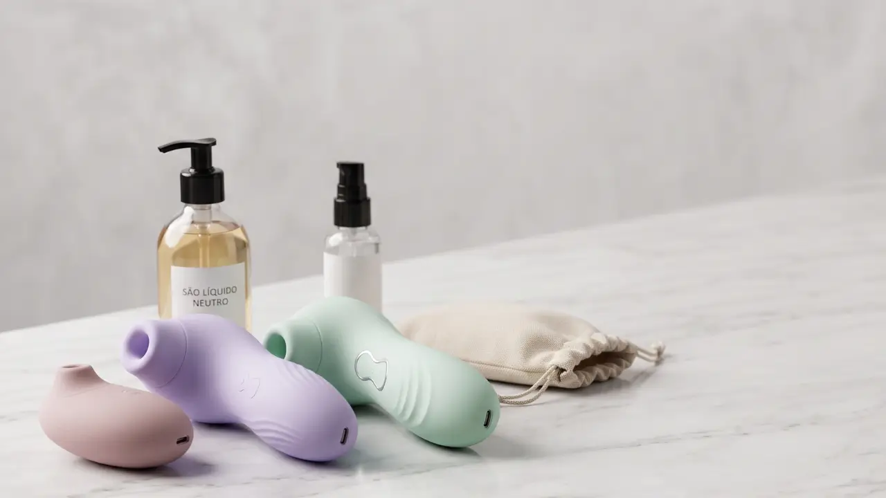 bancada com sugadores de clitóris e produtos para sua higienização