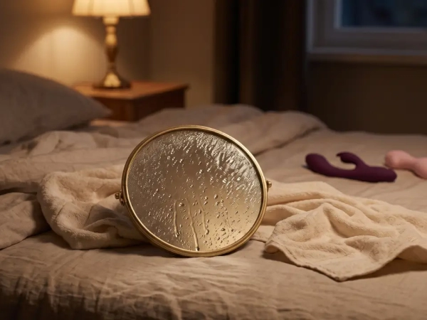 um espelho com respingos de agua em cima de uma cama desarrumada e ao fundo, dois brinquedos intimos