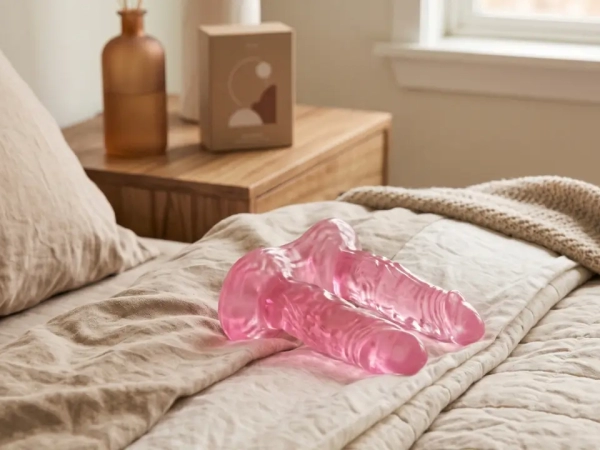 pênis duplo em cima de uma cama arrumada