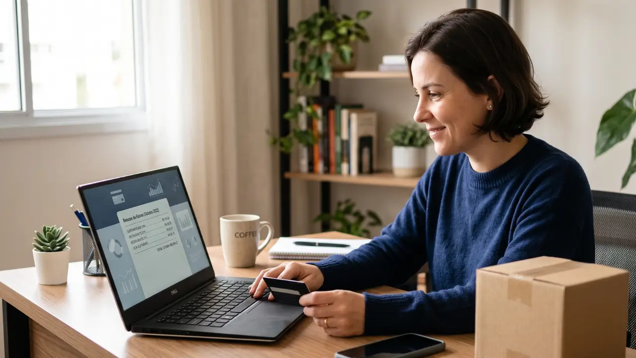 mulher consultando no notebook uma compra discreta sex shop