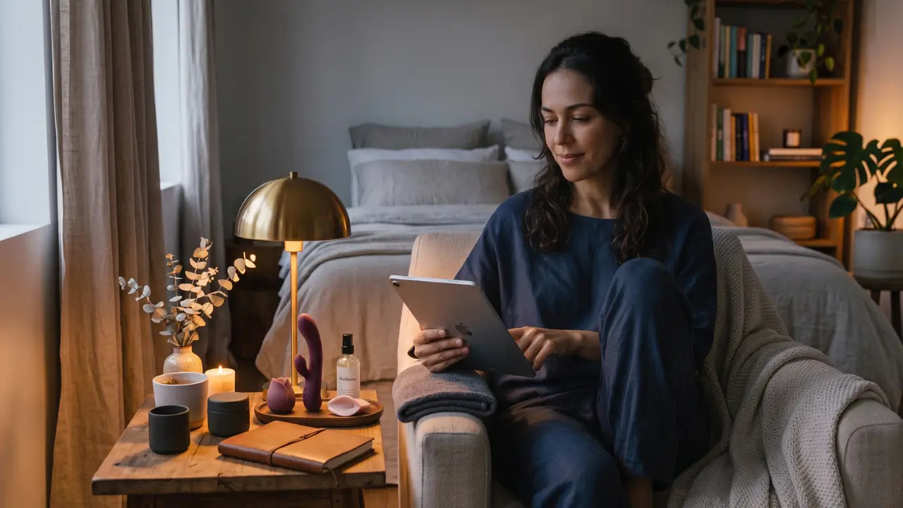 mulher com tablet na mão sentada em poltrona no pé da cama