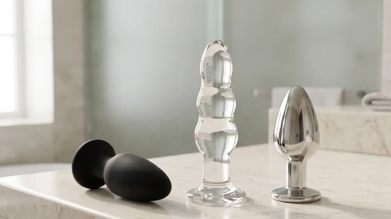 três modelos diferentes de plug anal; de vidro, metal e silicone