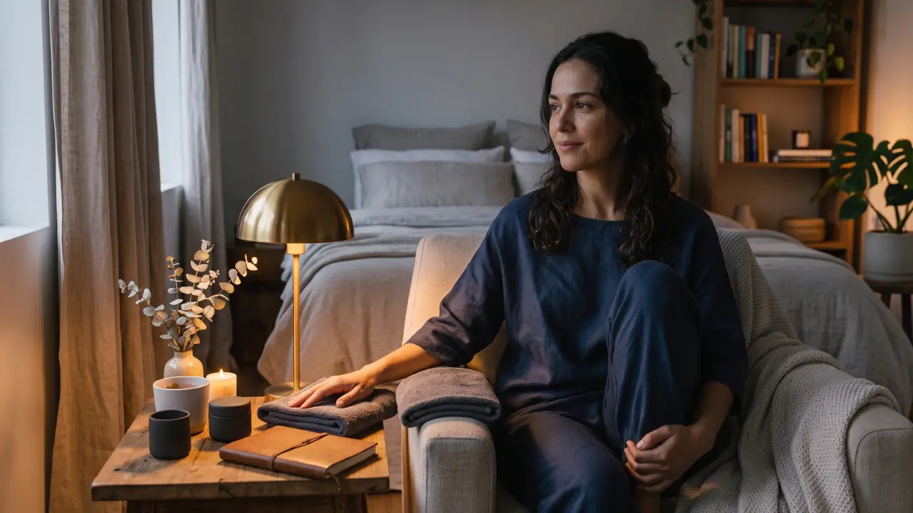 mulher sentada com expressão facial tranquila em poltrona no pé da cama