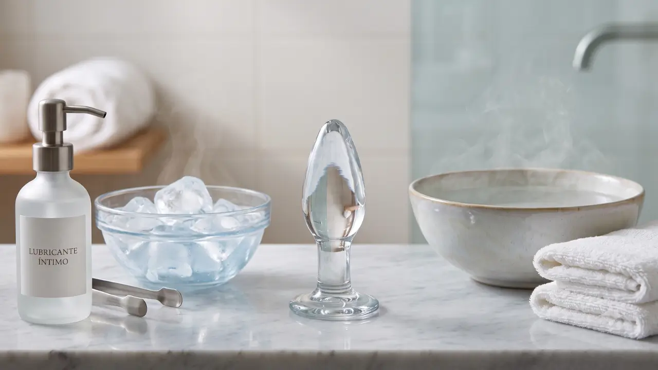 um plug de vidro anal, bacia pequena de vidro com gelo, toalha e bacia pequena com agua