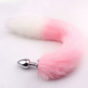 Plug Anal Rabo de Raposa – Rosa e Branco – Tamanho P / 35 cm de cauda