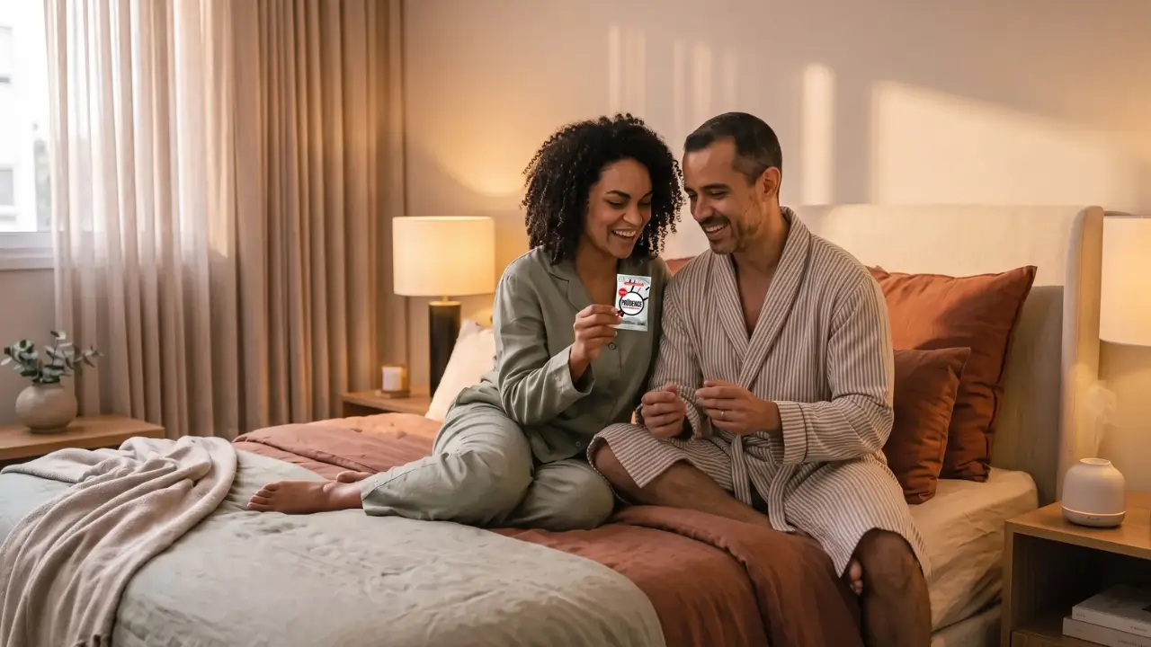casal na cama sorrindo com preservativo