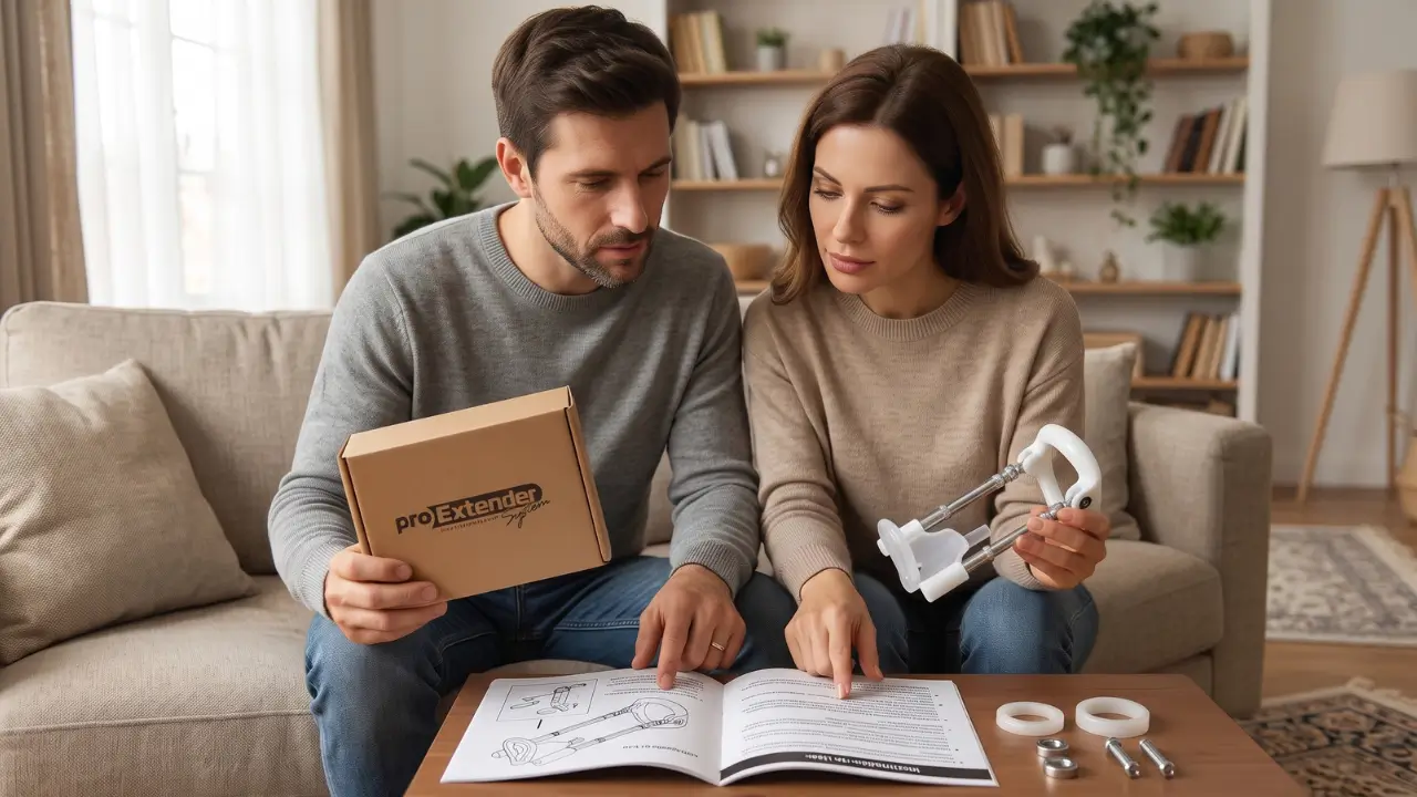 casal com extensor peniano e lendo suas instruções