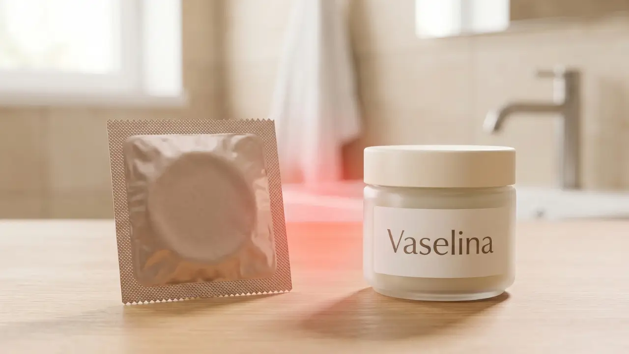preservativo e pote de vaselina sobre uma bancada