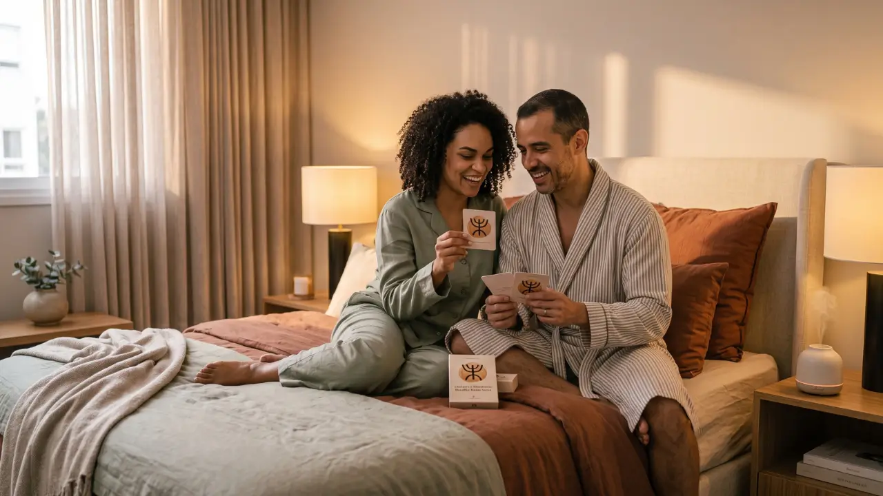 casal na cama com baralho kama sutra