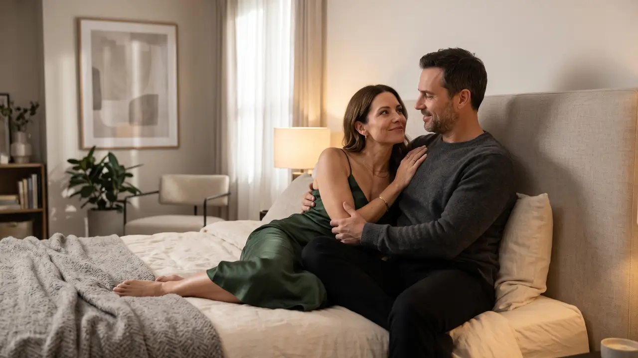 casal em momento de carinho sentados na cama