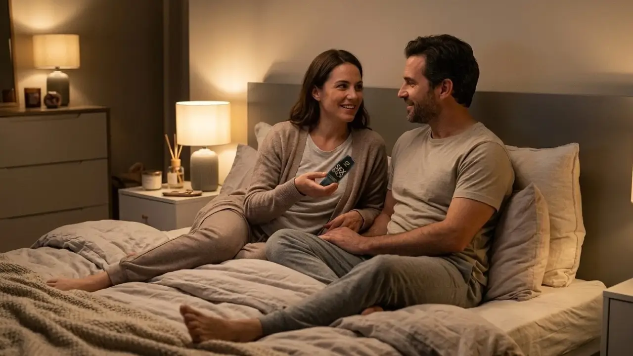 casal sentado na cama sorrindo e mulher segurando um dessensibilizante anal