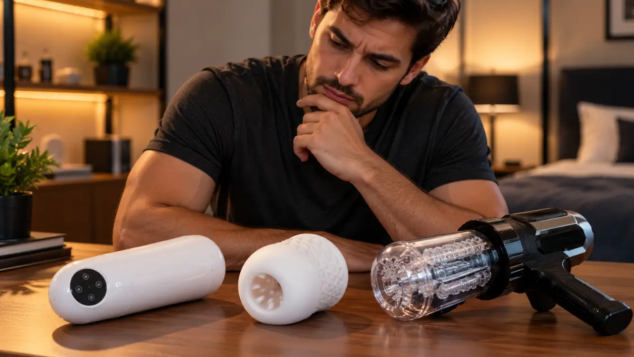 homem em duvida sobre três modelos de masturbadores masculinos